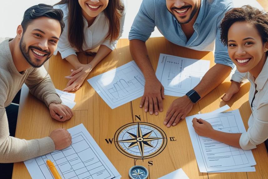 Görsel Bir Masada Birlikte Çalışan Ekip, Gülen Yüzler Simge Puzzle Parçası, Birlikte Tutulan Pusula ZENCİ ÇALIŞAN OLMASI BU IRKÇILIK DEĞİL